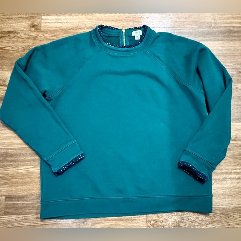 J. Crew 100% Cotton Green crewneck sweatshirt blue polka dot ruffle preppy XL EC